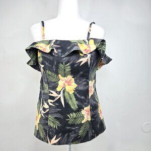 Women's Black Floral Hibiscus Yellow Ruffle Strappy Backless Hawaiian Top